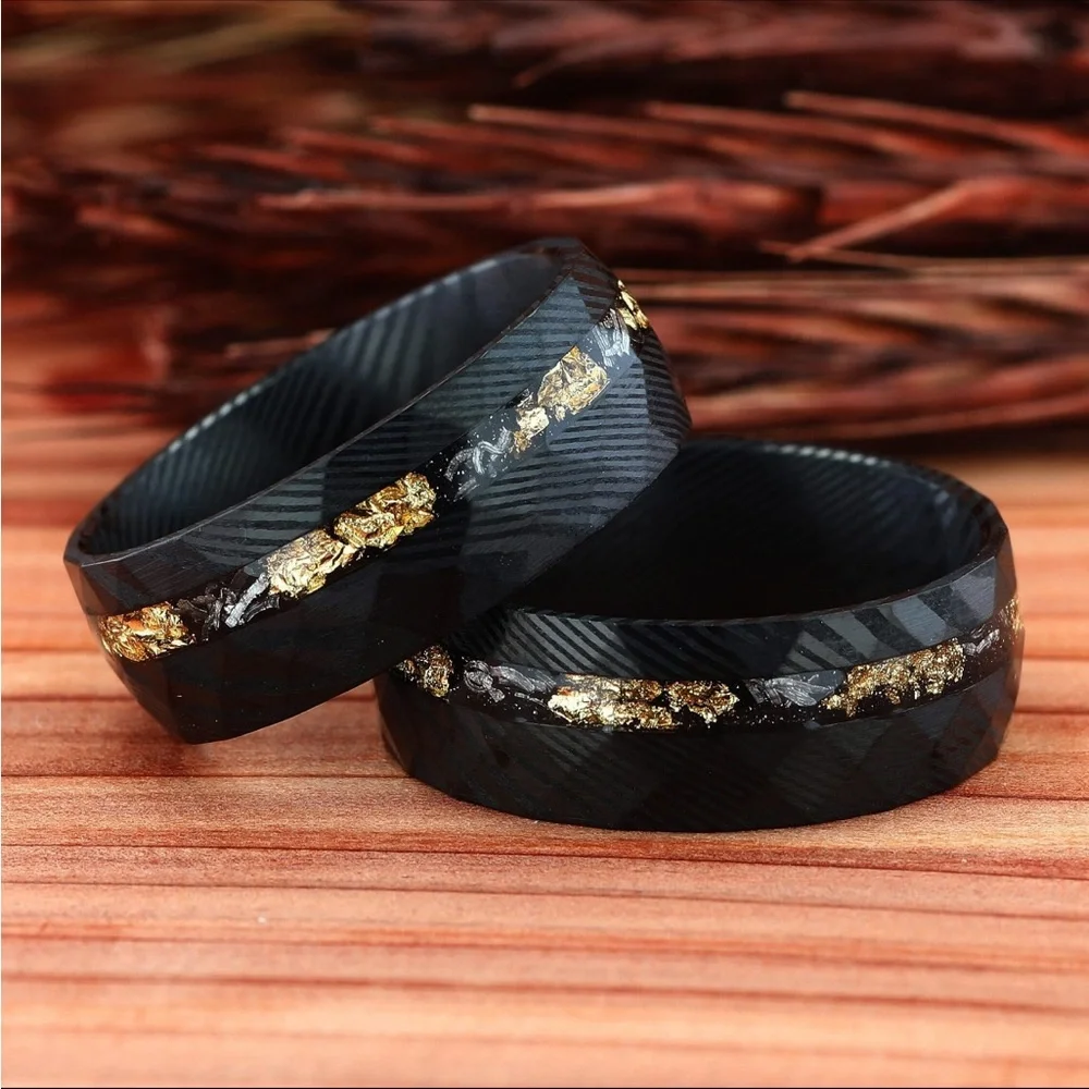 Black Hammered Damascus Steel Ring with Crushed Meteorite & Gold Foil